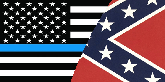 The meme is a humorous mashup of two iconic symbols: the American flag and the Confederate flag. The image combines the 50 stars and 13 stripes of the American flag with the red and white colors and stars of the Confederate flag. The text "Thin Blue Line" is often added to the image, referencing the idea that law enforcement officers are a vital part of the community's safety and security.